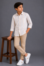 Boy's Classic Beige & White Striped Button-Down Shirt