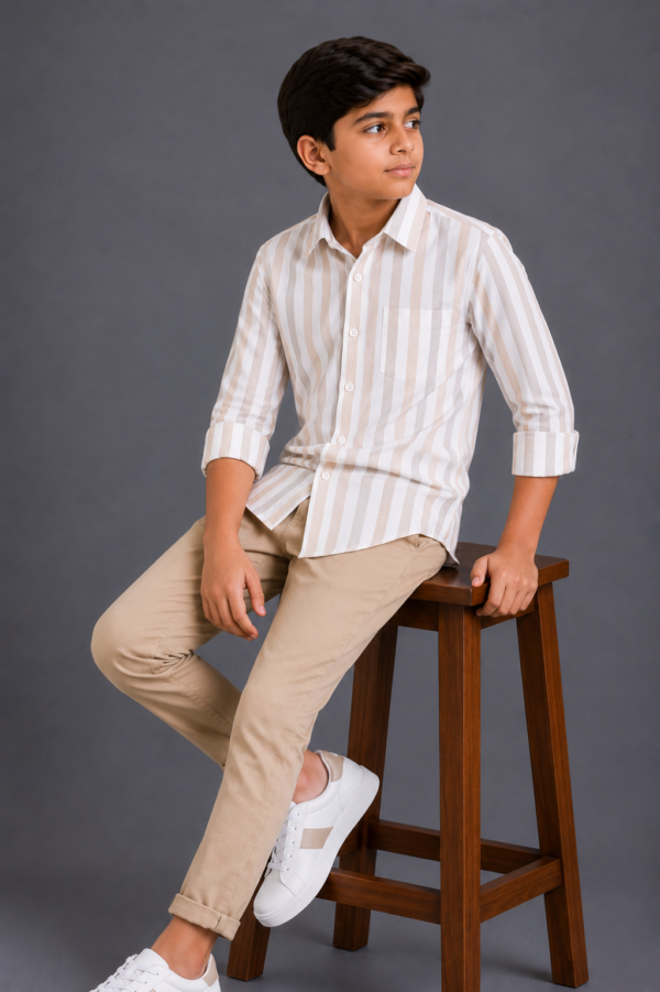 Boy's Classic Beige & White Striped Button-Down Shirt - Image 2