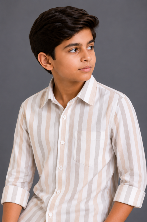 Boy's Classic Beige & White Striped Button-Down Shirt - Image 4