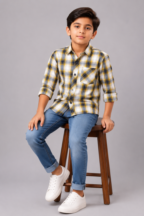 Boy's Modern Plaid Shirt & Washed Denim Jeans Outfit - Image 3