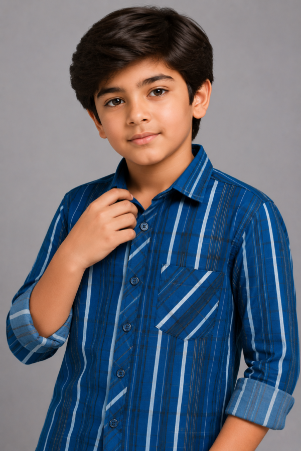 Boys' Dynamic Blue Striped Casual Button-Up Shirt - Image 3