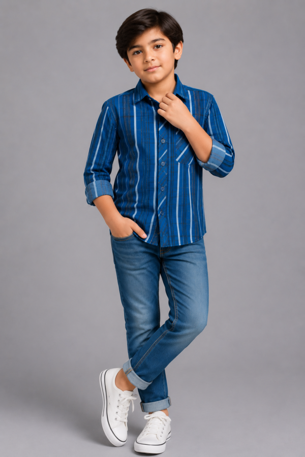 Boys' Dynamic Blue Striped Casual Button-Up Shirt - Image 4
