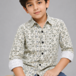 Boys' Modern Geometric Print Casual Shirt - Olive & Ecru