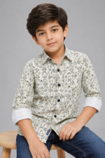 Boys' Modern Geometric Print Casual Shirt - Olive & Ecru