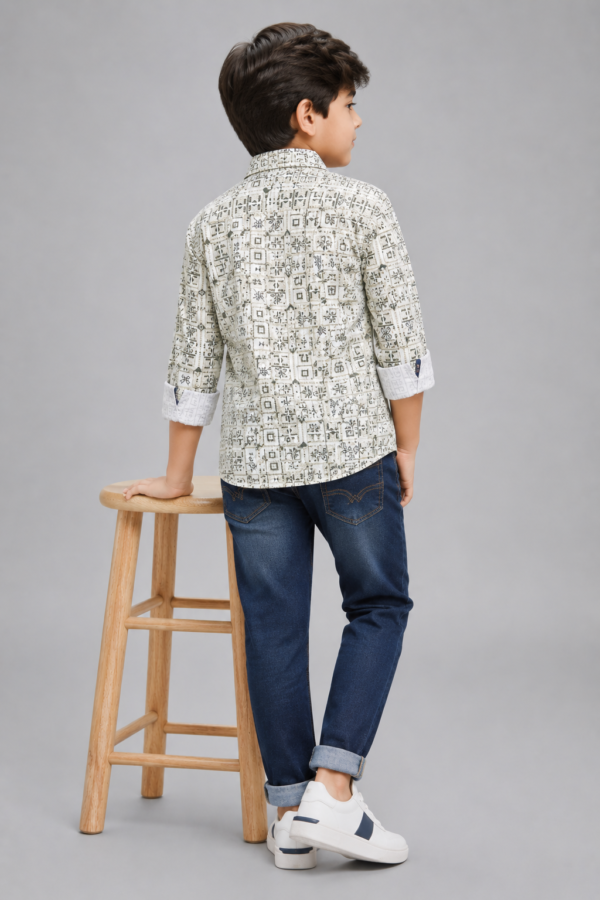 Boys' Modern Geometric Print Casual Shirt - Olive & Ecru - Image 3