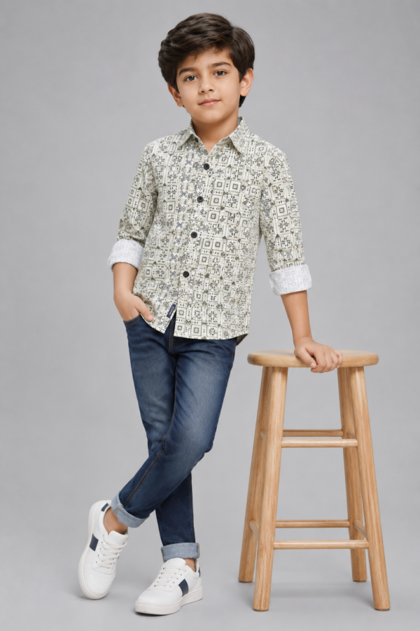 Boys' Modern Geometric Print Casual Shirt - Olive & Ecru - Image 2