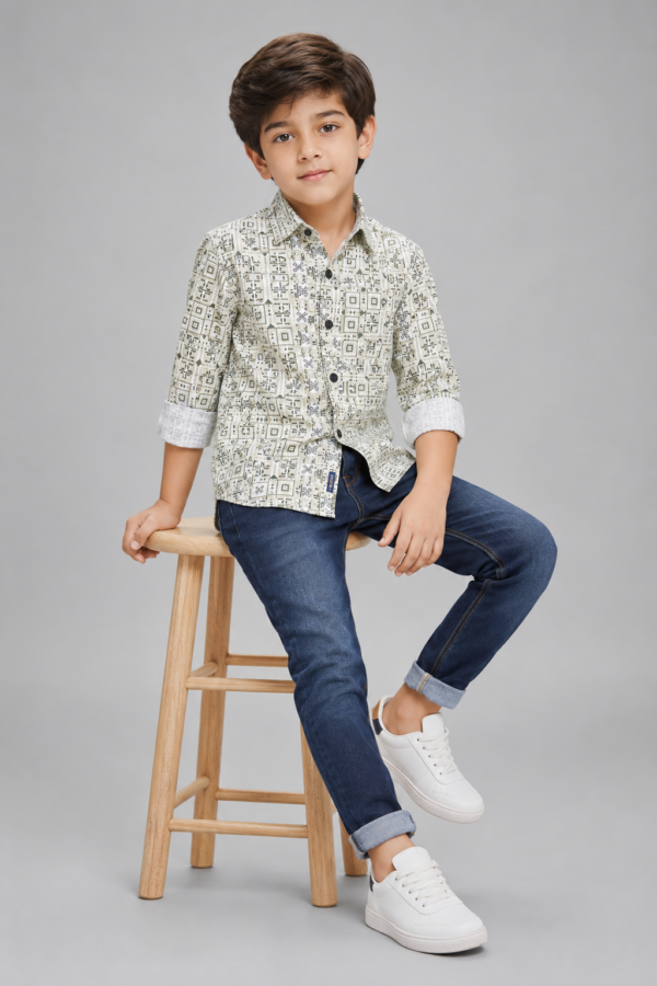 Boys' Modern Geometric Print Casual Shirt - Olive & Ecru - Image 4