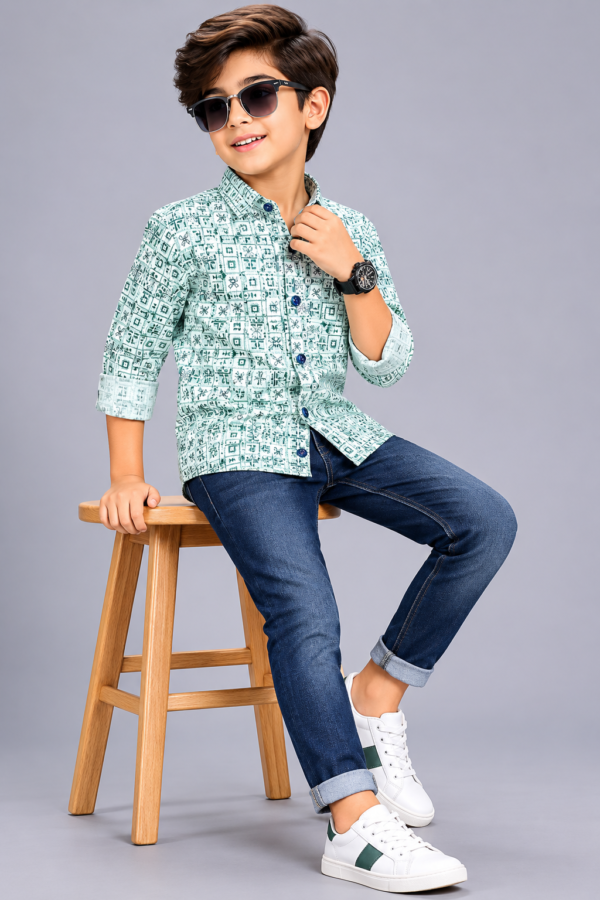 Boys' Trendy Mint Green Geometric Print Casual Shirt - Image 2