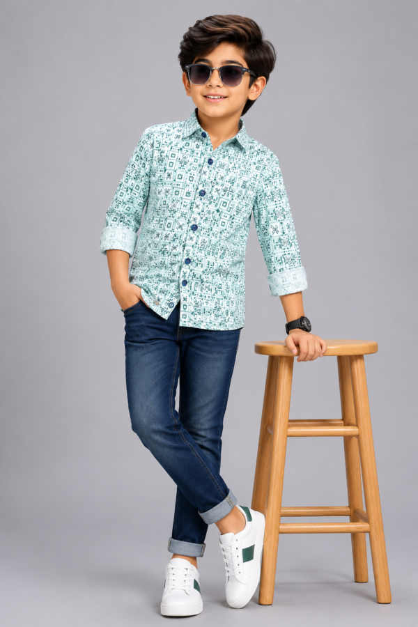Boys' Trendy Mint Green Geometric Print Casual Shirt - Image 4