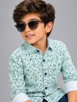 Boys' Trendy Mint Green Geometric Print Casual Shirt
