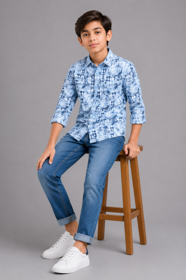 Boys' Trendy Blue Abstract Geometric Print Long Sleeve Shirt - Image 3