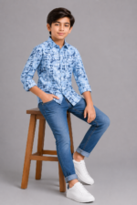 Boys' Trendy Blue Abstract Geometric Print Long Sleeve Shirt