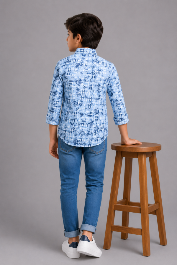 Boys' Trendy Blue Abstract Geometric Print Long Sleeve Shirt - Image 4