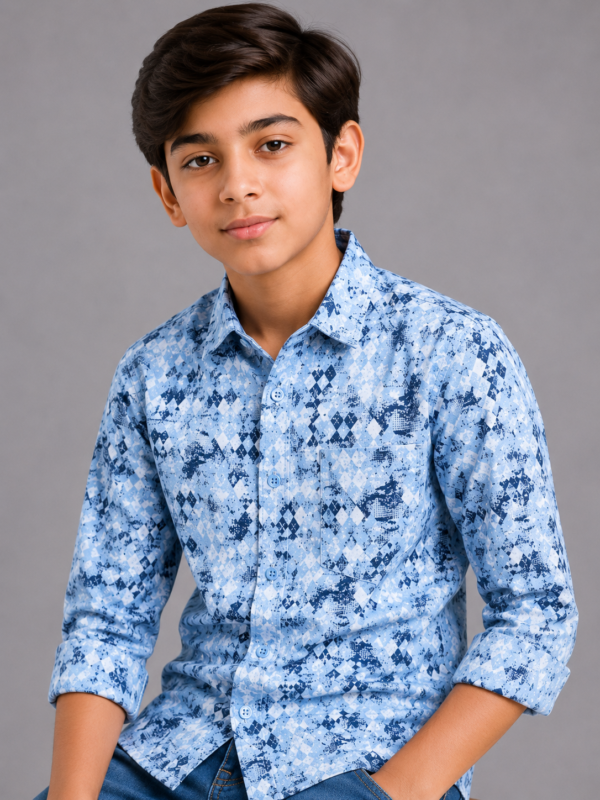 Boys' Trendy Blue Abstract Geometric Print Long Sleeve Shirt - Image 2