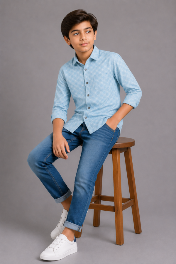 Boys' Sky Blue Geometric Print Button-Down Shirt - Image 4