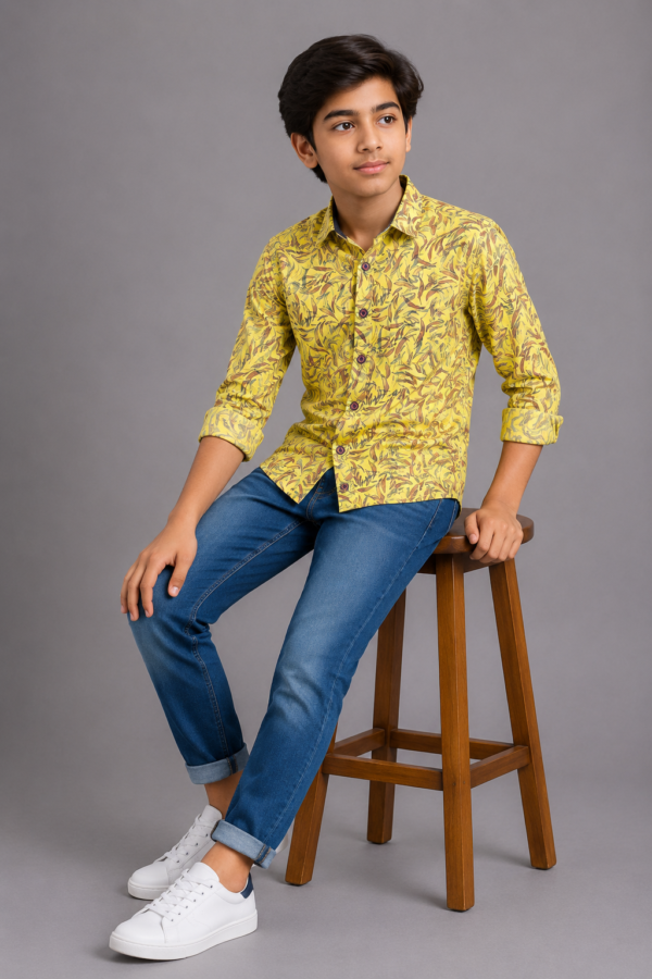 Boys' Vibrant Yellow Abstract Leaf Print Casual Shirt - Image 2