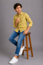 Boys' Vibrant Yellow Abstract Leaf Print Casual Shirt - Image 4