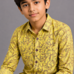 Boys' Vibrant Yellow Abstract Leaf Print Casual Shirt