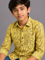 Boys' Vibrant Yellow Abstract Leaf Print Casual Shirt