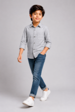 Boys' Premium Light Grey Textured Button-Down Shirt - Image 4