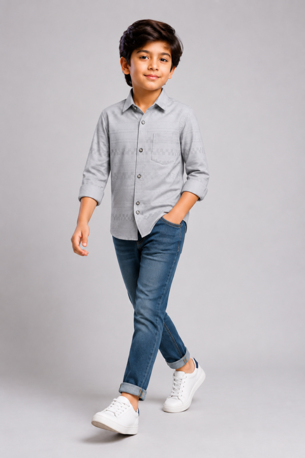 Boys' Premium Light Grey Textured Button-Down Shirt - Image 4