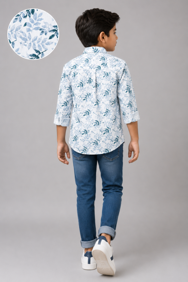 Boys' Coastal Blue Leaf Print Casual Button-Down Shirt - Image 4