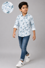 Boys' Coastal Blue Leaf Print Casual Button-Down Shirt - Image 2
