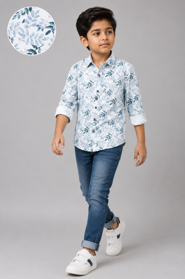Boys' Coastal Blue Leaf Print Casual Button-Down Shirt - Image 2
