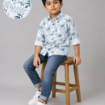 Boys' Coastal Blue Leaf Print Casual Button-Down Shirt
