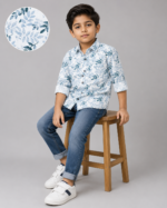 Boys' Coastal Blue Leaf Print Casual Button-Down Shirt