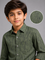 Boys' Olive Green Textured Print Button-Down Shirt