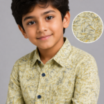 Boys' Sage Green Leaf Print Cotton Casual Shirt