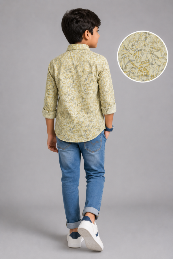 Boys' Sage Green Leaf Print Cotton Casual Shirt - Image 2
