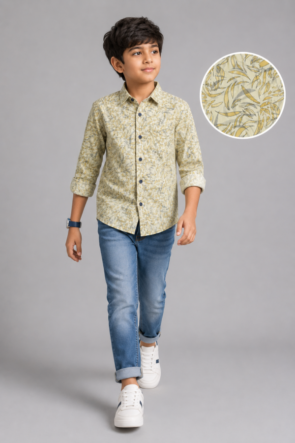Boys' Sage Green Leaf Print Cotton Casual Shirt - Image 3