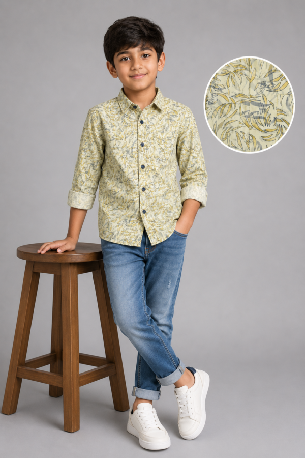 Boys' Sage Green Leaf Print Cotton Casual Shirt - Image 4
