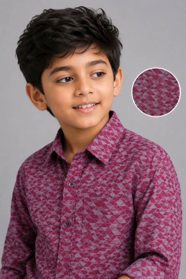 Boys' Burgundy Geometric Print Casual Shirt - Image 2
