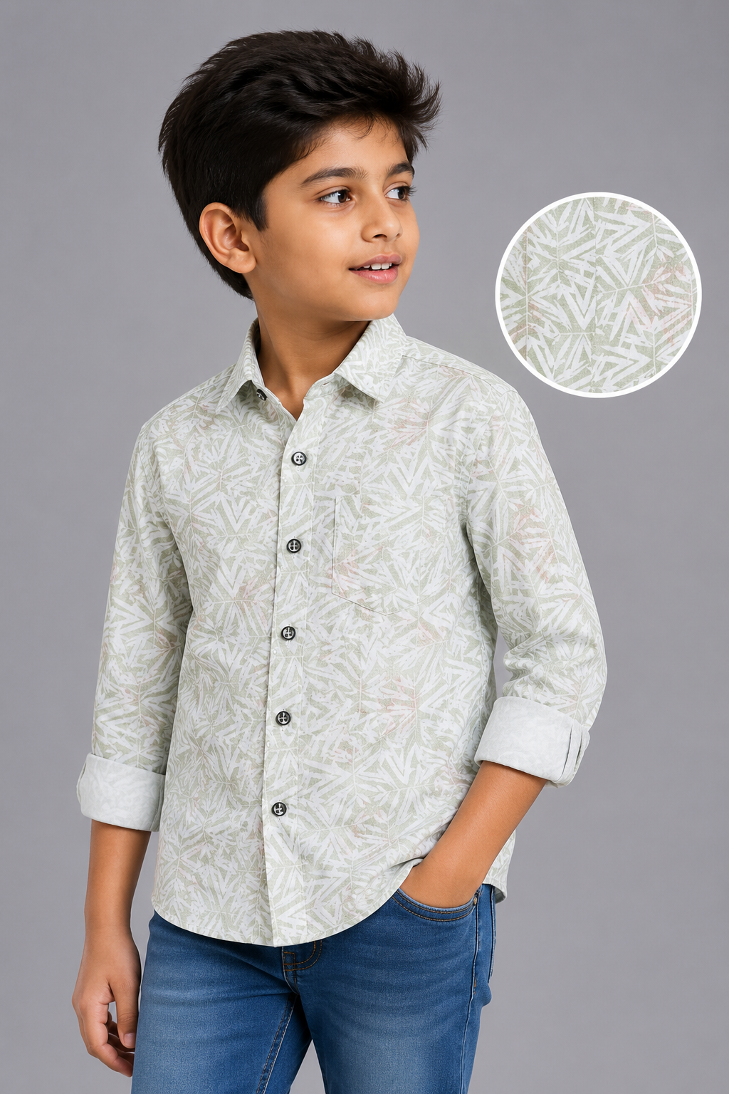 2026/06/1001415223.png Boys' Sage Geo Leaf Print Button-Down Shirt - Image 1