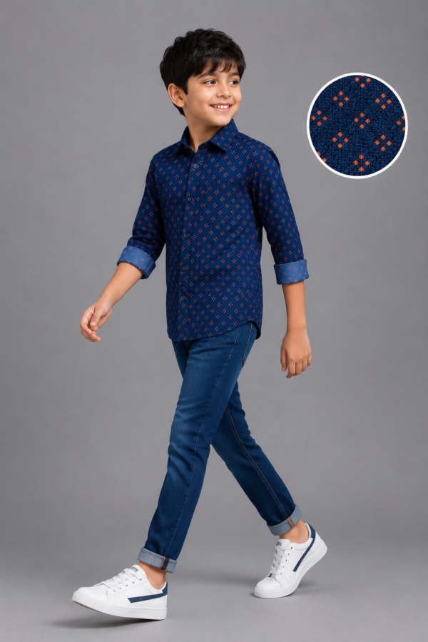 Boys' Navy Blue Dotted Casual Button-Up Shirt - Image 2