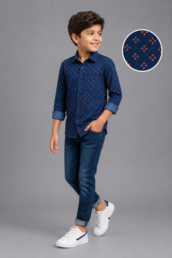 Boys' Navy Blue Dotted Casual Button-Up Shirt - Image 3