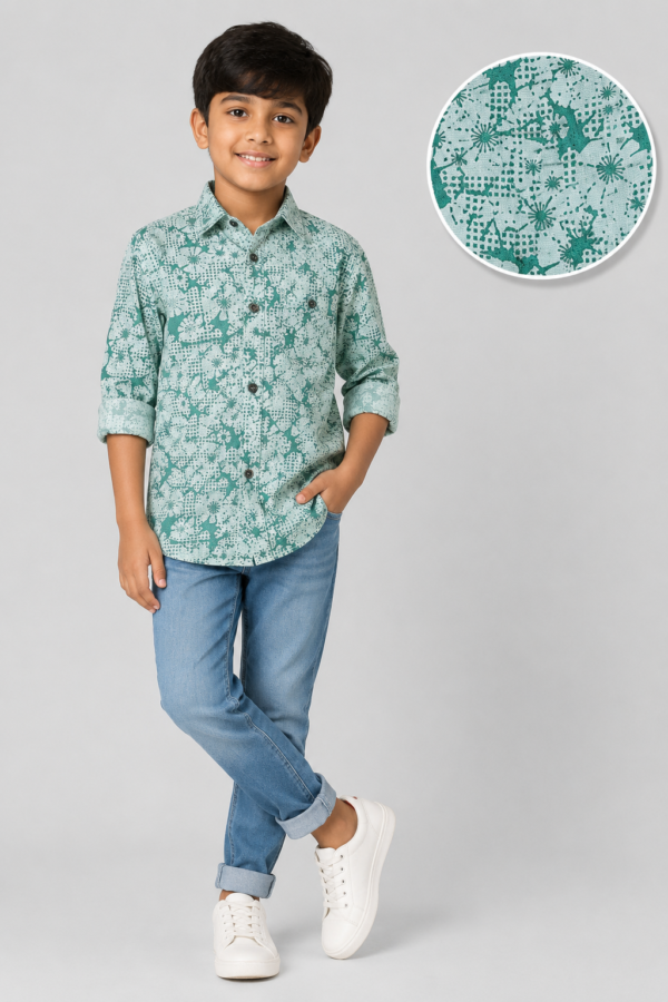 Boys' Playful Green Abstract Print Long Sleeve Casual Shirt - Image 2