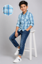 Boys' Sky Blue Plaid Casual Shirt - Comfort Fit - Image 3