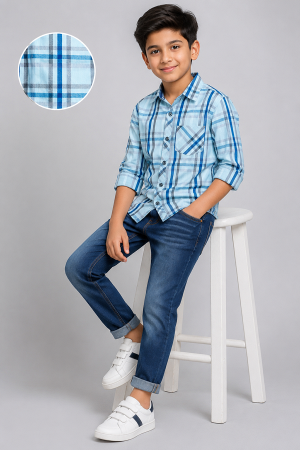 Boys' Sky Blue Plaid Casual Shirt - Comfort Fit - Image 3