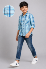 Boys' Sky Blue Plaid Casual Shirt - Comfort Fit - Image 4