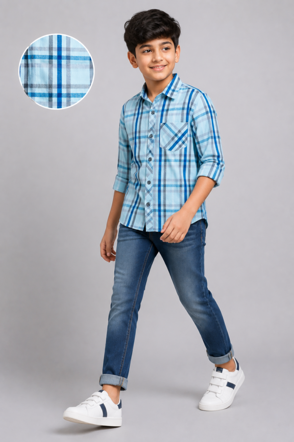 Boys' Sky Blue Plaid Casual Shirt - Comfort Fit - Image 4