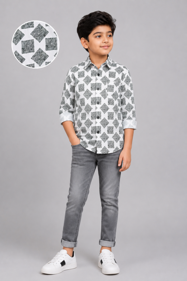 Boys' Abstract Swirl Square Print White Shirt - Image 3