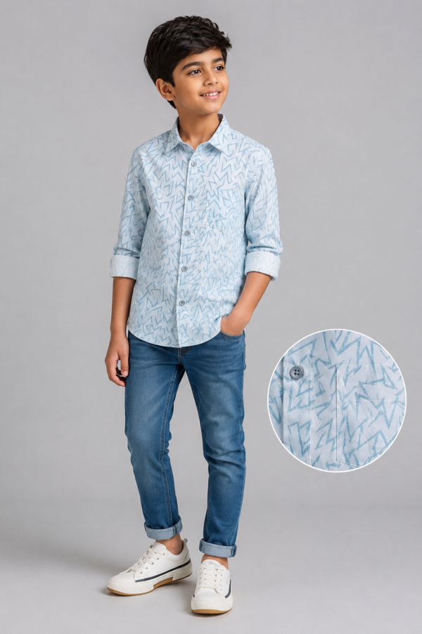 Boy's Sky Blue Dynamic Print Long Sleeve Shirt - Casual Button-Up - Image 2
