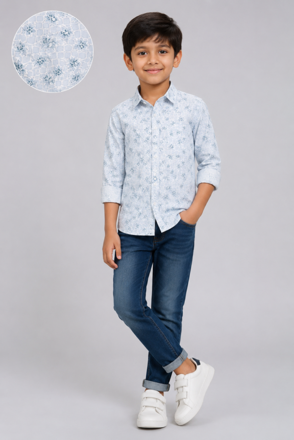 Boys' Sky Blue Floral Grid Print Casual Shirt - Image 3