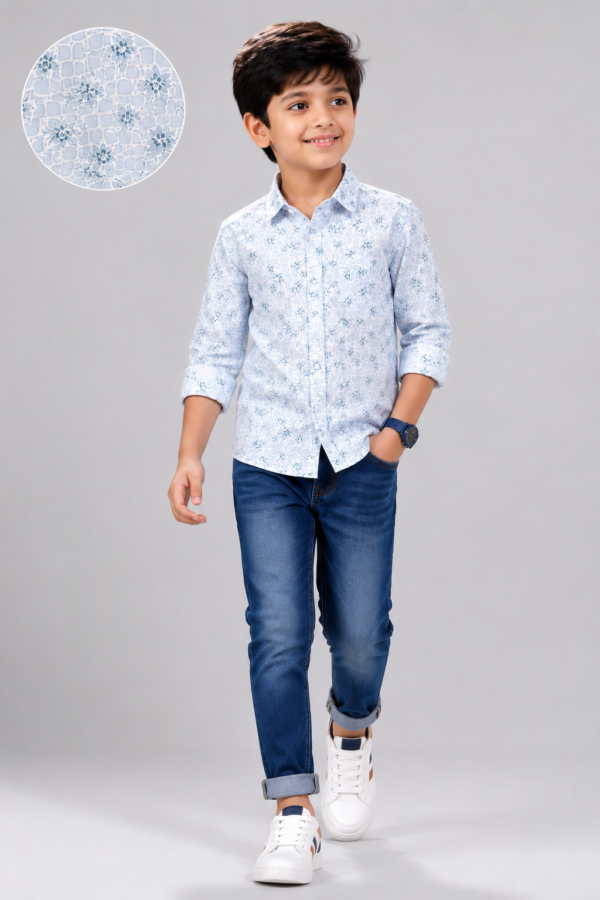 Boys' Sky Blue Floral Grid Print Casual Shirt - Image 2