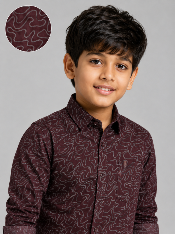 Boys Maroon Abstract Wavy Print Long Sleeve Casual Shirt - Image 4