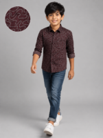 Boys Maroon Abstract Wavy Print Long Sleeve Casual Shirt - Image 2